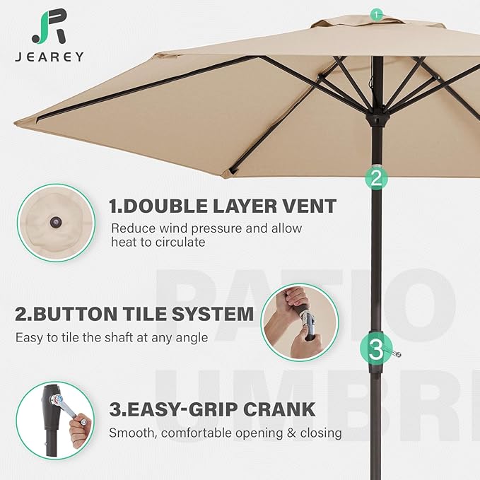 JEAREY 7.5FT Patio Umbrella Outdoor Table Umbrella with 6 Sturdy Ribs, Push Button Tilt & Easy Crank Table Umbrella for Garden, Deck, Backyard & Pool, Cream Beige