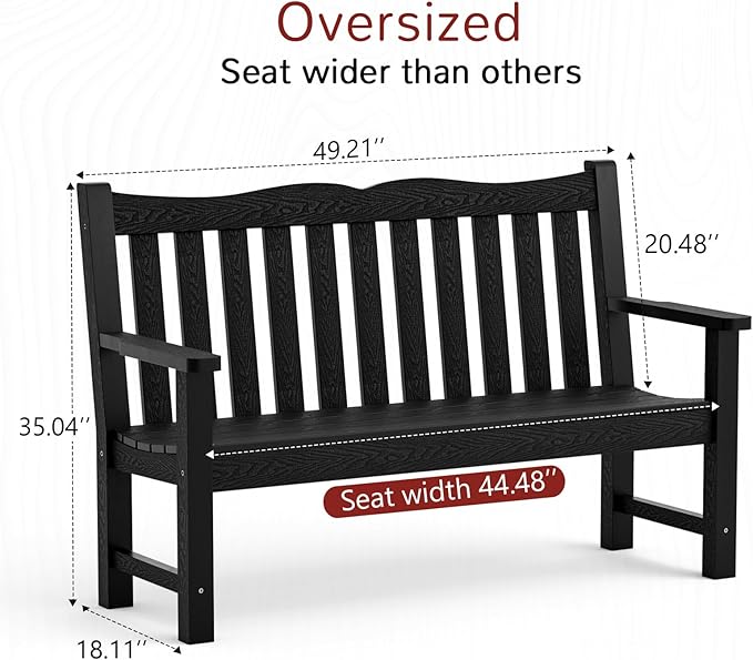Stoog All-Weather 2-Person Outdoor Bench, 800 lbs Capacity HIPS Plastic Garden Bench for Patio, Backyard, Porch and Park, Never Fades & Rust-Proof, Black