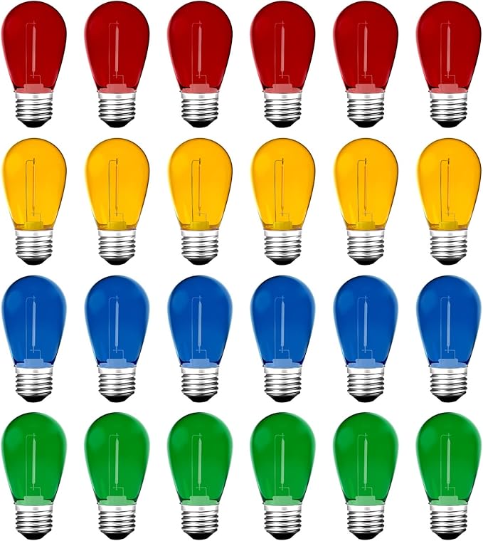 Meconard 24Pack S14 Colored LED String Light Bulbs,1Watt Plastic Shatterproof Waterproof Outdoor Indoor Replacement Bulbs for Home Decor, E26 Medium Base, Multi-Color: Red/Green/Blue/Orange
