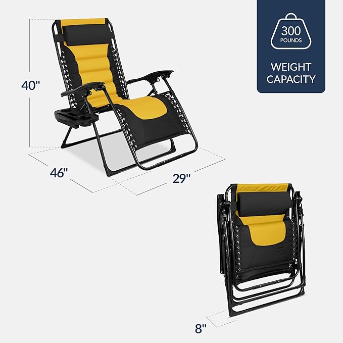 Best Choice Products Oversized Padded Zero Gravity Chair, Folding Outdoor Patio Recliner, XL Anti Gravity Lounger for Backyard w/Headrest, Cup Holder, Side Tray, Polyester Mesh - Black/Yellow