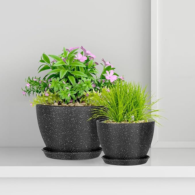 5 Pcs Plant pots, 7.5/6.5/5.7/4.9/4.1 inch Pots for Plants, Flower Pot Indoor Modern Decorative Plant Pot, Plant Pots Indoor with Drainage and Saucer for All House Plants (Drainage Set of 5 Black)