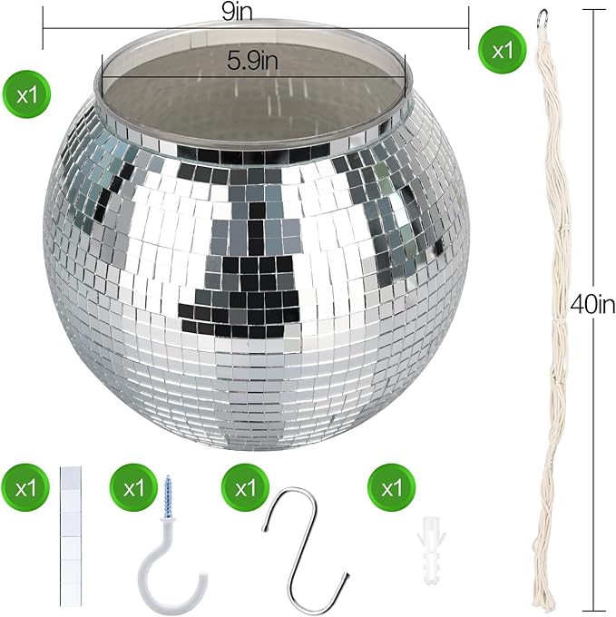 Disco Ball Planter, 1pcs 9” Silver Disco Ball Planter, Disco Ball Plant Hanger with Hanging Rope, Hanging Chain, Hook, Circle and Extra Mirror Pieces