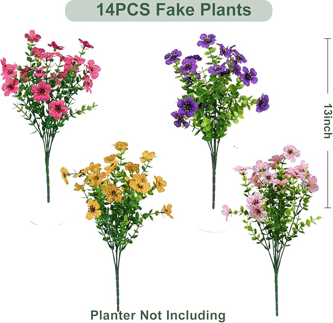 Artificial Flowers for Outdoor, UV Resistant Fake Silk Flowers, Realistic Faux Plants for Outside Indoor Porch Patio Window Box Planter Home Decor (14, Yellow Purple Rosy Pink)