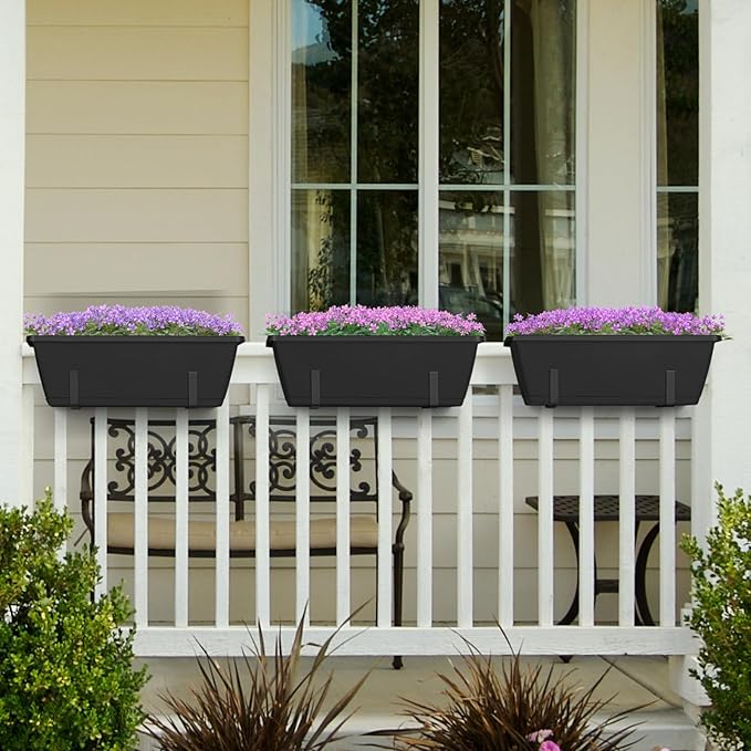 YBING Railing Planter Boxes 6 PCS Black Rectangle Railing Flower Box with Adjustable Bracket Window Deck Hanging Planters Boxes for Outdoor Patio