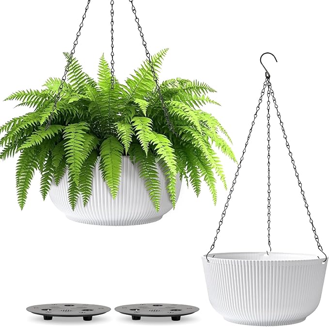 T4U 12 Inch Large Hanging Planters for Indoor Plants, 2 Pack Self Watering Pots Indoor, Hanging Baskets for Plants,Hanging Flower Pot with Drainage Hole and Plant Hanger, White