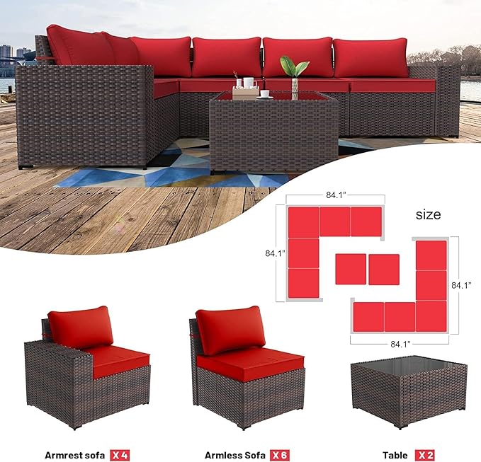 Kullavik 12 Pieces Outdoor Patio Furniture Set PE Wicker Rattan Sectional Sofa Patio Conversation Sets,Red