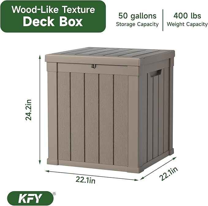 50 gallon deck box,All-weather resin material outdoorstorage box easy to install and portable,Suitable for indoor and outdoor scenes (light brown)