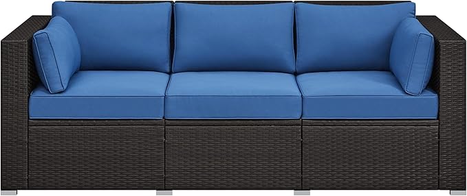Yaheetech 3-Seat Patio Wicker Sofa, Outdoor Rattan Couch with Furniture Cover, Deep Seat High Back with Cushions & Throw Pillows for Deck/Porch/Balcony/Yard, Brown/Dark Blue