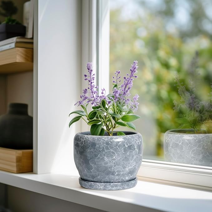 SQOWL 6 Inch Plant pots Indoor - Ceramic Planter with Drainage Hole and Saucer, Ceramic Flower Pot Outdoor, Decorative Round Planter, Home Decor Living Room, Gifts for Plant Lovers, Gray