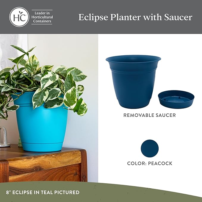 The HC Companies 8 Inch Eclipse Round Planter Pots with Drainage Holes & Attached Saucer, Lightweight UV-Resistant Plastic Indoor Outdoor Planters, 4-Pack Flower Pots for Garden & Home Decor, Peacock