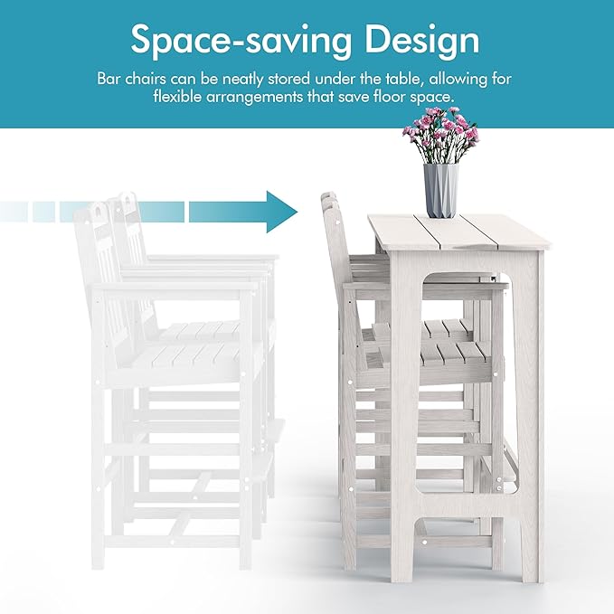 Ciokea 3 Pcs Outdoor Bar Height Table Set, 60" Extra Long Rectangle High Top Table and 2 Oversized Adirondack Chairs Set, Heavy-Duty All-Weather HDPE Patio Bar Set for Backyard Balcony Deck, White