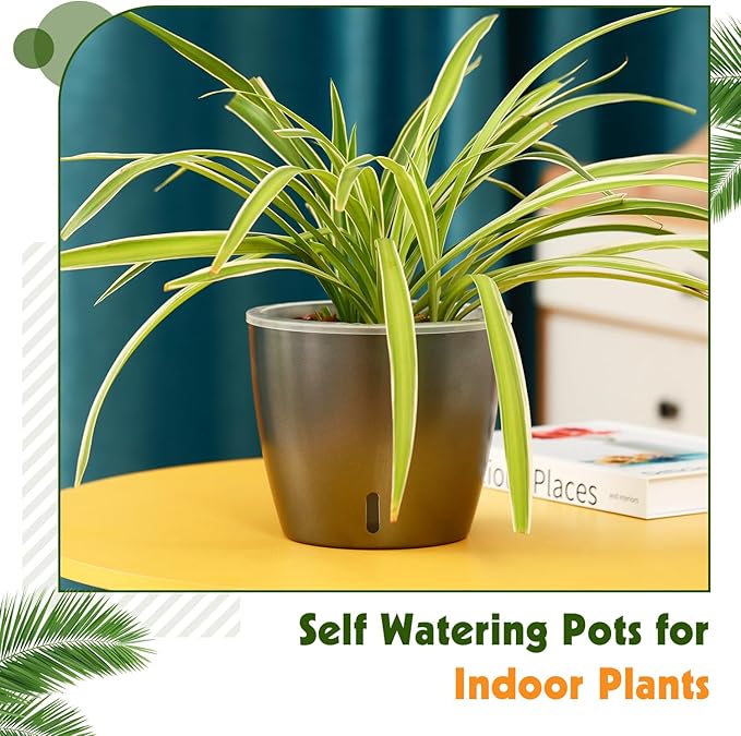 Self Watering Pots for Indoor Plants, 6-Pack 5'' Self Watering Planter with Drainage Holes, Small African Violet Pots with Water Indicator, Clear Wick Orchid Pot, Grey Gold