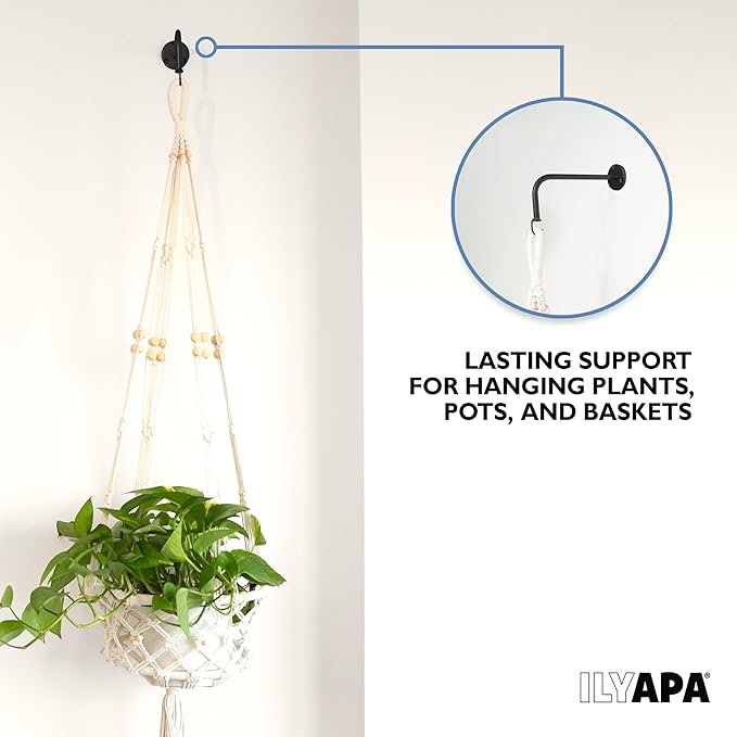 Ilyapa 4 Pack Metal Plant Wall Hanger Hooks - 7 in. Hook for Hanging, Baskets, and Macrame, Indoor Hangers in Matte Black Finish, Wall Planters