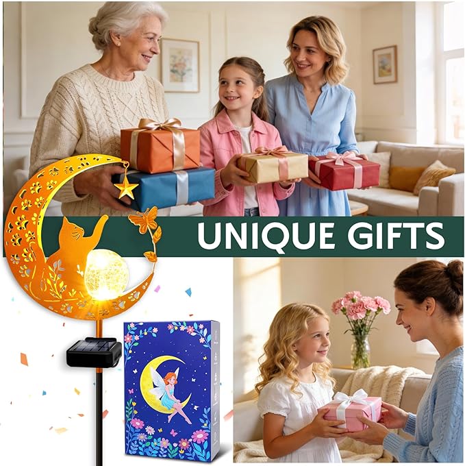 ZNYCYE Solar Lights Outdoor Decorative Moon Cat Butterfly Solar Stake Lights Birthday Gifts for Women mom Grandma, Garden Decor Waterproof for Walkway, Yard, Lawn, Patio (Warm White)