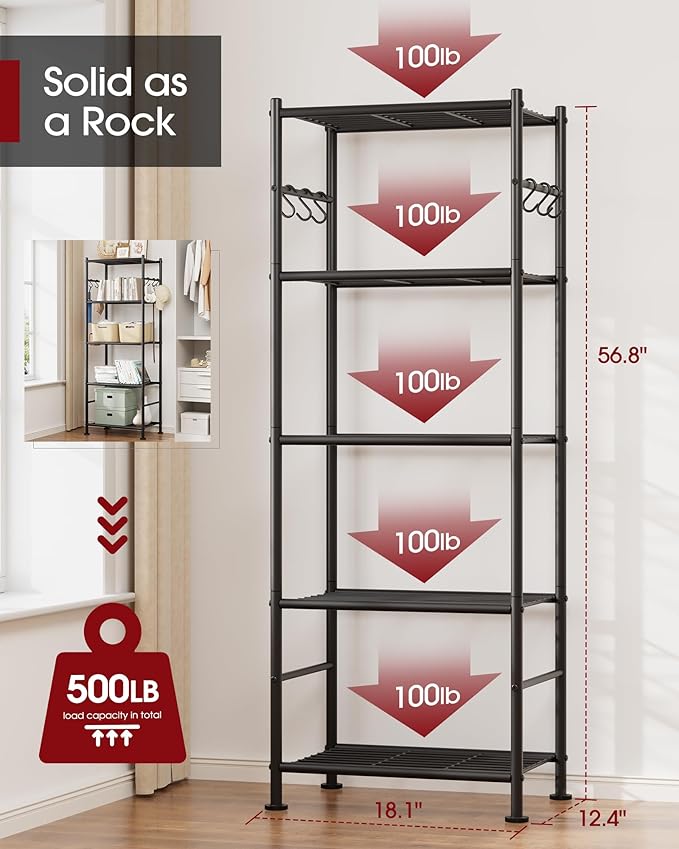 Storage Shelves - 5-Tier Large Capacity Shelf Organizer with Hooks, Heavy-Duty Garage Shelving with Leveling Feet, Wobble-Free Rack for Bedroom, Balcony, Garage, 18.1"×12.4"×56.8", Black