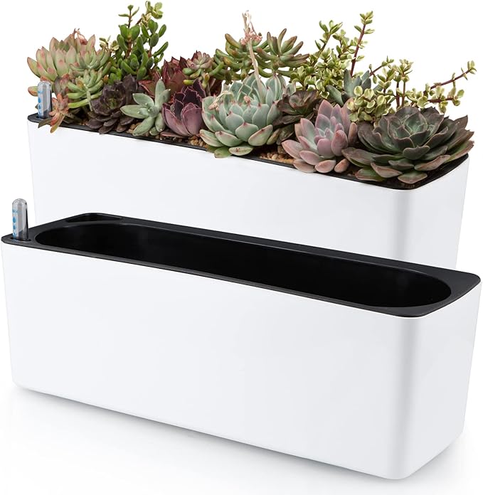 Skelang 2-Pack Self Watering Planter, Rectangle Flower Pot with Water Level Indicator, Window Gardening Box for Indoor Plants, Succulent, Sprout, Pepper