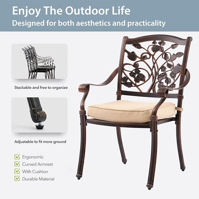 7-Piece Cast Aluminum Patio Furniture, Patio Dining Set for 6 Include 59" Rectangular Outdoor Dining Table and 6 Stackable Chairs with Cushions & Umbrella Hole (Copper Red)