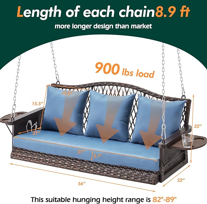 Upgraded Wicker Hanging Porch Swing Heavy Duty 900 LBS 3-Seat Outdoor Patio Swing Chair Bench for Adult w/ 8.9ft Hanging Chains Cushions and Cup Holder