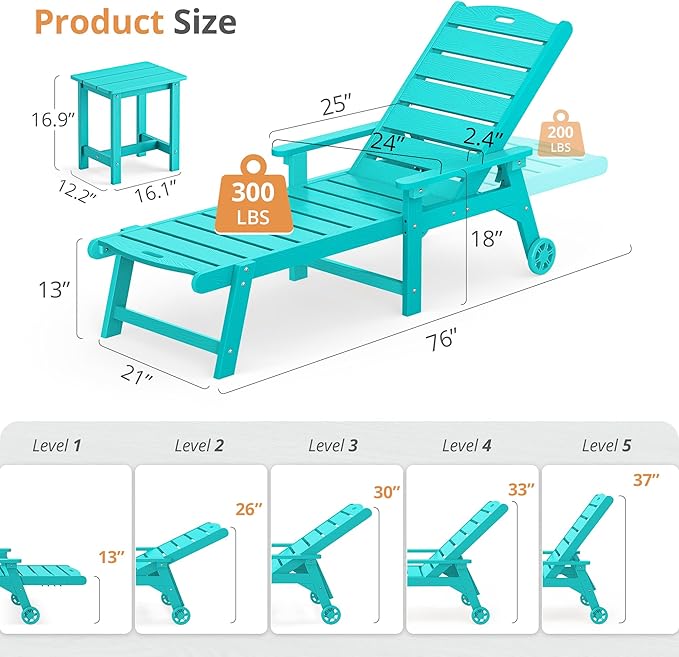 LUE BONA Chaise Lounge Chair with Table, 6-Piece, HDPS Chaise Lounger, 5 Positions Adjustable Lounge Chairs, Pool Lounge Chair with Wheels for Poolside, Backyard, Aruba Blue