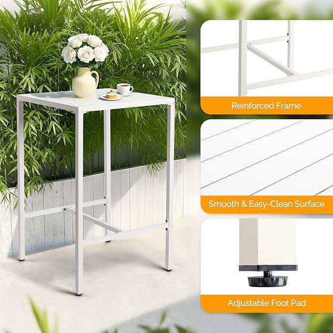 VINGLI 3-Piece Outdoor Bar Set, Aluminum Bar Height Table & 2 Chairs with Cushions, Counter Height Patio Furniture for Backyard, Poolside, Garden, Bistro, Indoor Outdoor Use (White)