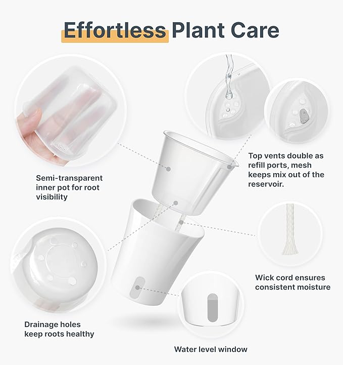 8 Pack 4" Self Watering Pots for Indoor Plants, Clear Inner Cup, Small White Plastic Planters, Water Level Indicator, Drainage Holes, Extra 3ft Wick, Cuttings,Seedlings,Herb,African Violets