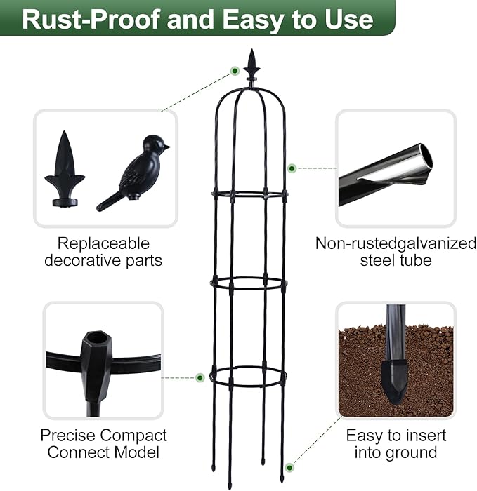Lalahoni Garden Obelisk Trellis for Climbing Plants Outdoor, 6ft Round Rose Trellis for Pots, Metal Plant Support for Clematis, Jasmine, Ivy, Decorative Outdoor Trellis, Black, 2Pack