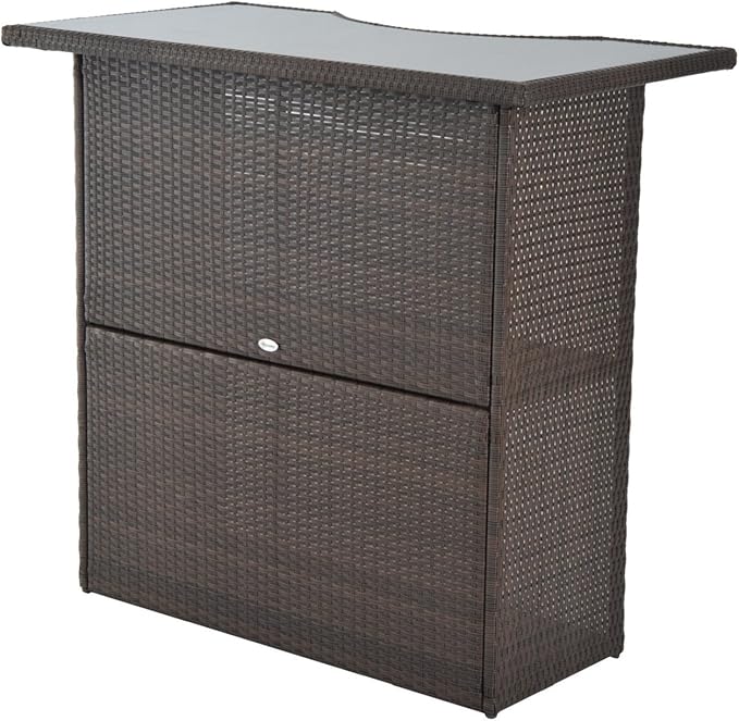 Outsunny 5 Pcs Rattan Wicker Bar Set, High Top Outdoor Table and Chairs, Bar Height Patio Set with Glass Table Top 2 Tier Storage Shelf, and 4 Bar Stools for Garden, Poolside, Dark Brown