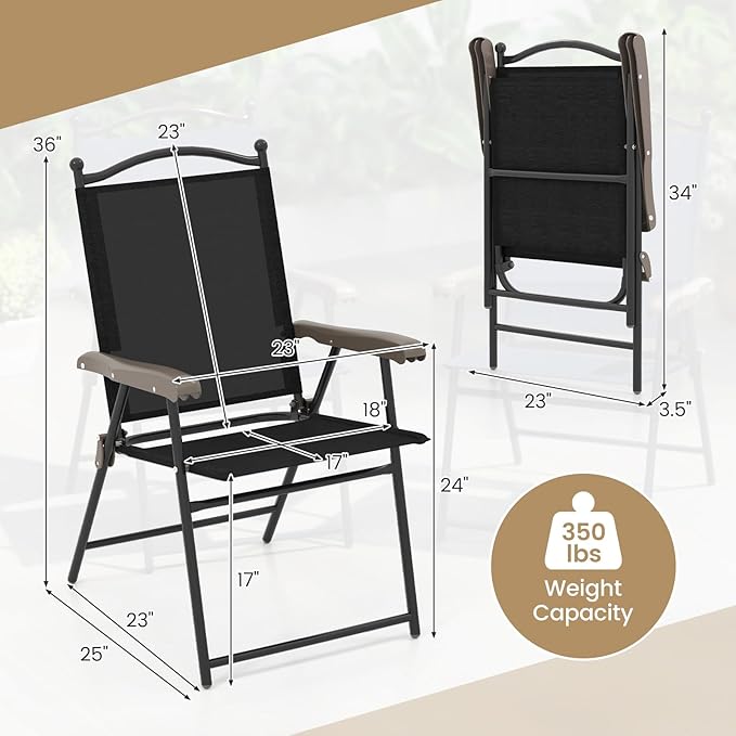 Giantex Set of 2 Patio Folding Chairs, Outdoor Patio Dining Chairs w/Armrest, Sling Back, Metal Frame, Outside Use for Lawn Camping Garden Pool Beach Yard Lounge, No Assembly, Black
