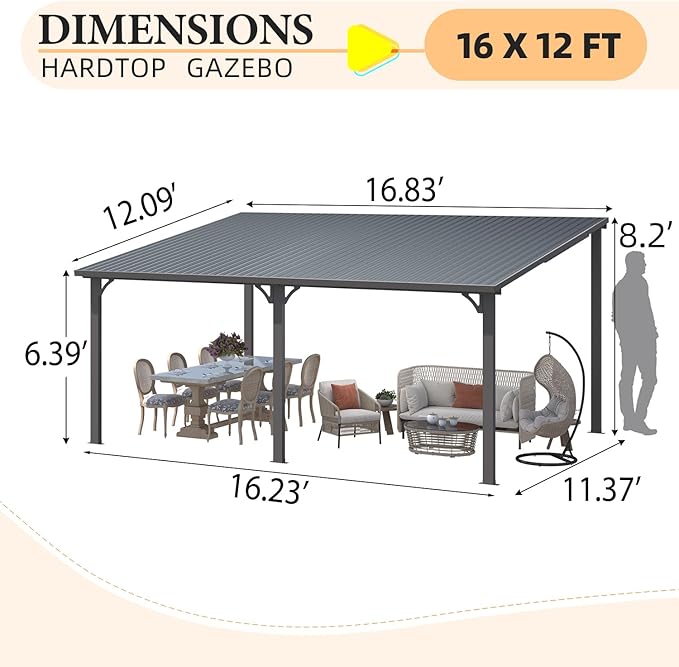 AECOJOY 12' x 16' Outdoor Hardtop Metal Gazebo for Patio, Large Lean to 16x12 Galvanized Steel Heavy Duty Wall Mounted Pergolas and Grill Gazebos Clearance, Patio Pergola Metal Roof Awnings for Decks