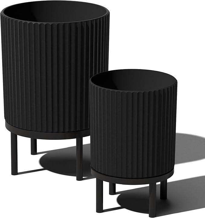 Veradek Demi Series Round Planter w/Stand for Porch/Patio | Durable Plastic-Stone Composite & Wooden Stand | Modern Décor for Tall Plants, Flowers