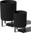 Veradek Demi Series Round Planter w/Stand for Porch/Patio | Durable Plastic-Stone Composite & Wooden Stand | Modern Décor for Tall Plants, Flowers