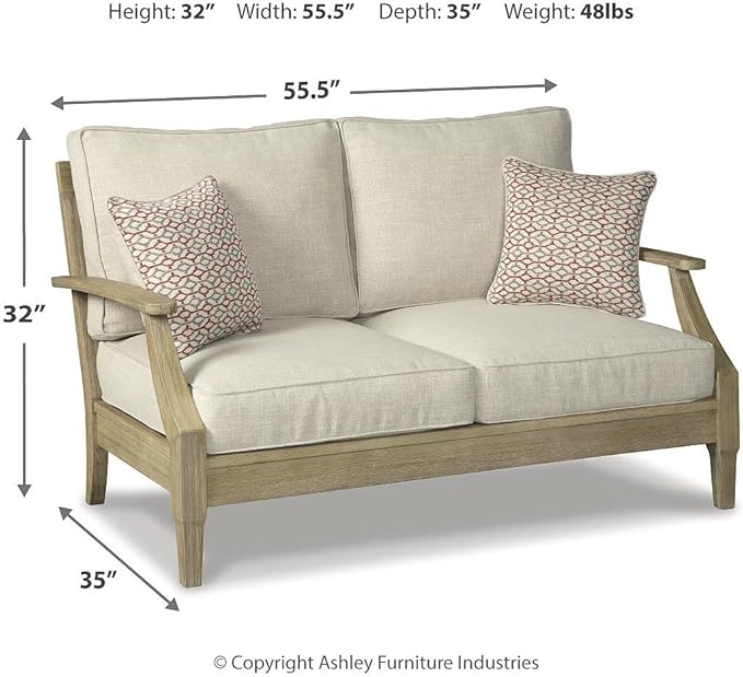 Signature Design by Ashley Clare View Coastal Outdoor Loveseat, Cushioned with Nuvella Fabric, Protective Finish, Eucalyptus Wood, 55.5" W x 35" D x 32" H, Beige