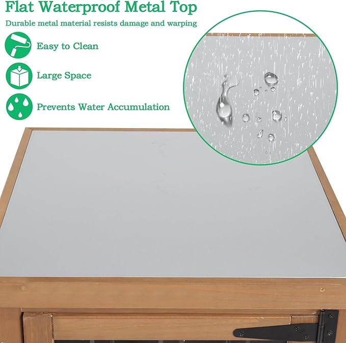 Small Outdoor Storage Cabinet Weatherproof, Wood Garden Potting Bench Table with Removable Shelves, Metal Top, Outdoor Cabinet Work Station for Patio, Backyard, Brown,17.9''x17.9''x33.5''
