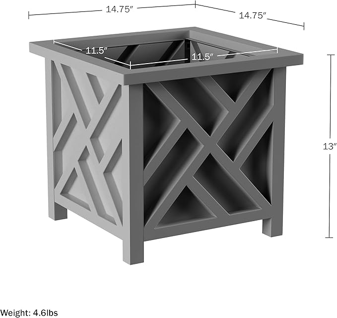 Lattice Design Outdoor Planter Box 2-Pack - 14.75” Square 13” Tall Gray Decorative Plant Pots for Front Porch Decor - Flower Pots Outdoor Planters for Porch Patio or Garden Decor by Pure Garden