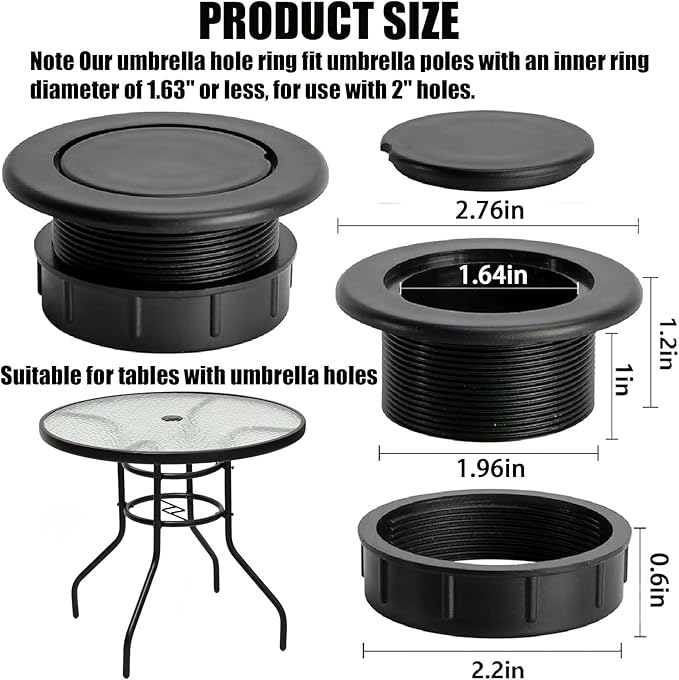 Patio Table Umbrella Hole Ring Plug Cap Set, Yard Parasol Table Hole Cover Insert Black Thicker Patio Table Hole Plug Ring for Cafes, Outdoor, Milk Tea Shops, Camping