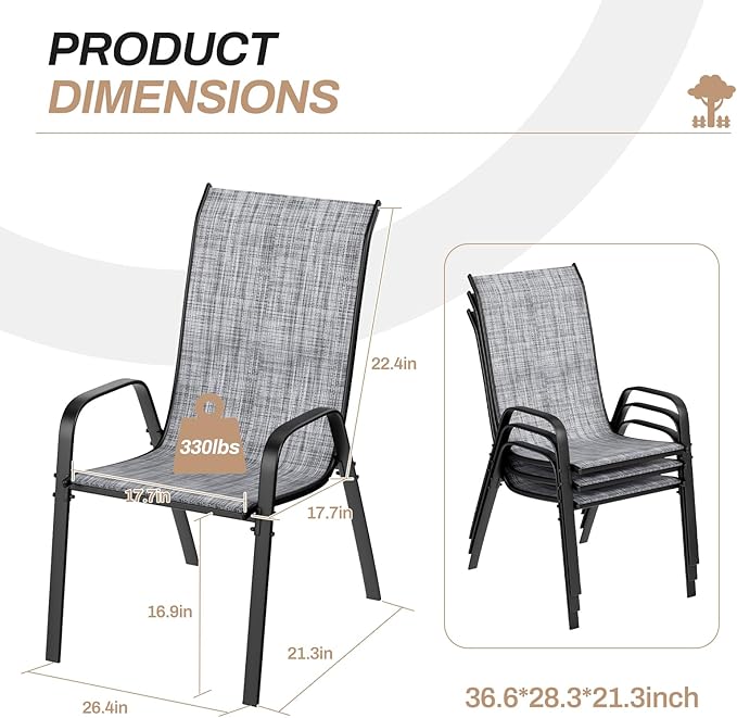 TLSUNNY Patio Chairs, Stackable Textilene Outdoor Dining Furniture for All Weather, with 17.7″ Wide Seat & Metal Frame, for Garden, Backyard, Deck, Restaurant, Poolside (4, Grey, 26.4″)
