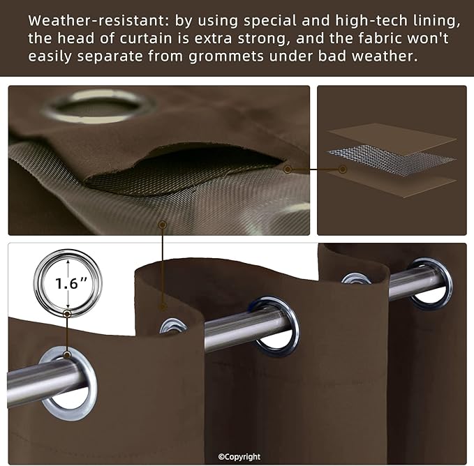 Outdoor Indoor Curtains for Patio Weather-resistant Window Panels Privacy Protect Grommet Top Thermal Insulated Home Curtain for Porch Pergola Garden Hot Tub Area (W52 x L132, Brown, 2 Panels)