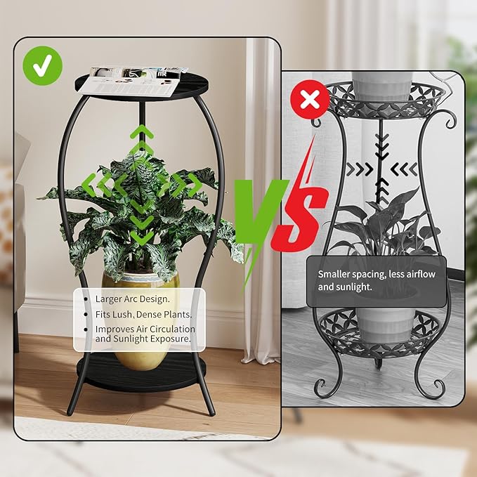 Plant Stand Indoor, 2 Tier Round Tall Plant Stand, Flower Pot Stand, Plant Shelf Rack, Corner Plant Stand for Planter Garden Balcony Patio Living Room (Black-Wood, 2 Tier)