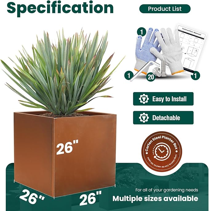 Corten Steel Planter Box Metal Square Planters 26 Inch Steel Large Outdoor Planter Tall Plant for Commercial Residential Patio and Backyard
