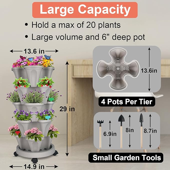 DUNCHATY Stackable Planter, Vertical Strawberry Planter with Garen Tool Set, Self Watering Garden Planter Indoor/Outdoor 5 Tier Herb Planter Pots for Growing Vegetables and Succulents, Gray