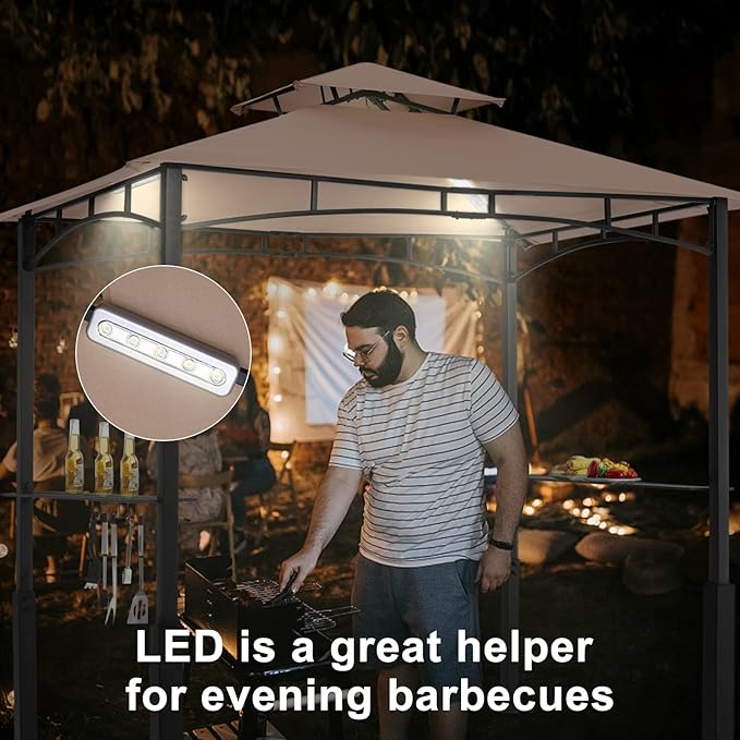 ABCCANOPY 8x5 Grill Gazebo - Outdoor BBQ Canopy Shelter with Led Light for Patio Backyard Grilling (Khaki)
