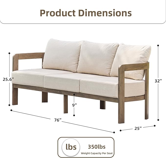 Outdoor Couch Aluminum Patio Furniture, 3-Seat All-Weather Metal Modern Patio Sofa with Washable Thick Cushion for Garden/Backyard/Porch, Beige