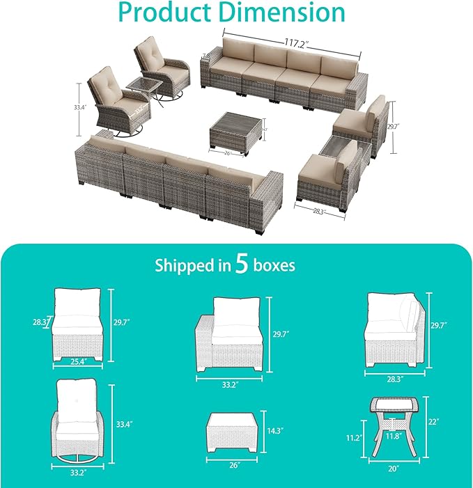 13-Piece Outdoor Patio Furniture Set with 55,000 BTU Fire Pit Table, PE Wicker Rattan Sectional Sofa Patio Conversation Set with Thickened Cushions & Coffee Table, Beige