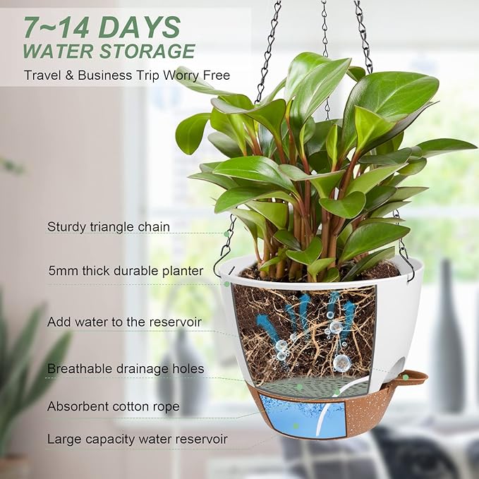 Hanging Planters for Indoor Outdoor Plants, 2 Pack Self Watering Hanging Pot with Drainage Holes & Removable Tray (White, 8'')