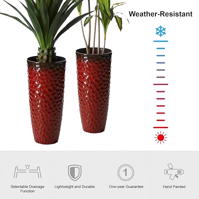 Glitzhome 31" H Large Plastic Tall Planters,Set of 2 Honeycomb Textured Gradient Red Tall Plant Pots with Drainage Holes,Oversized Planters Flower Pots for Indoor Outdoor Front Porch Patio