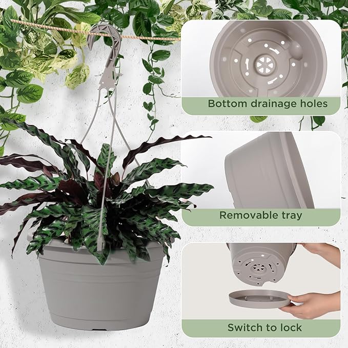VIDELLY 4 Pcs Hanging Planters,10" Hanging Pots Plastic Hanging Flower Plant Basket with Drainage Trays & Chain Holder for Outdoor Indoor Plants Garden Balcony Decoration, Light Gray