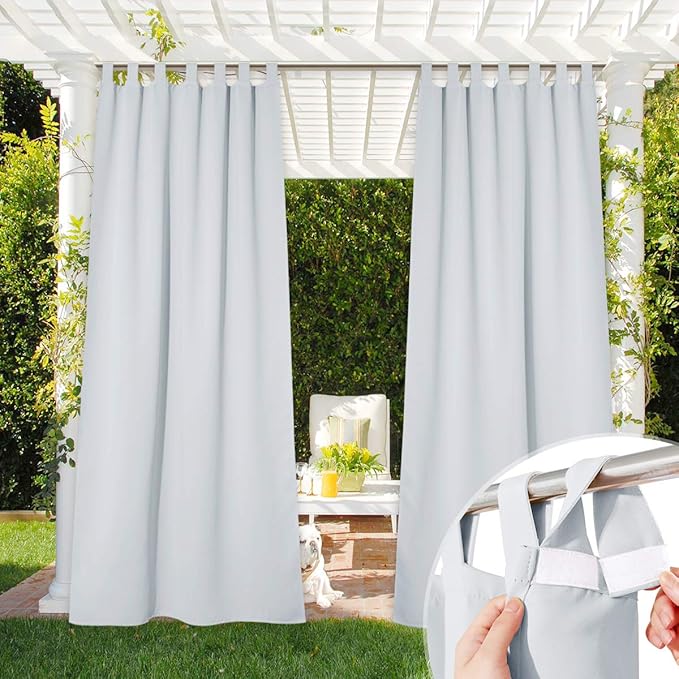 NICETOWN Outdoor Patio Curtain Waterproof with Self-Stick Tab Top for Patio, Room Darkening Outdoor Living Divider Vertical Drape Privacy Protect for Yard/Cabana, 1 Piece, W52 x L108, Greyish White
