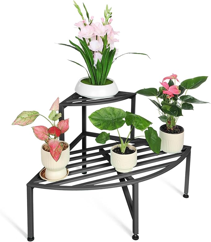Corner Plant Stand Outdoor Metal,2 Tier Heavy Duty Ladder Plant Shelf Indoor for Multiple Plants,37.08" L x 22.83" W x 20.07" H,Black