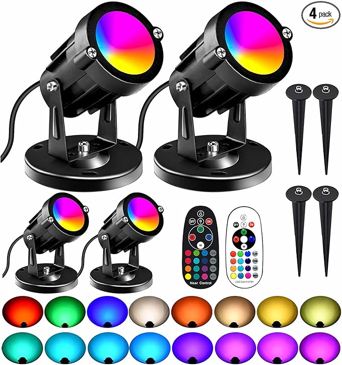 RGBW 8W LED Spotlight with Remote, 16 Color Changing Landscape Lighting for Outdoor Indoor, 120V Plug-in & 6FT Cord, Spotlight Flag Light for Garden Tree (4)