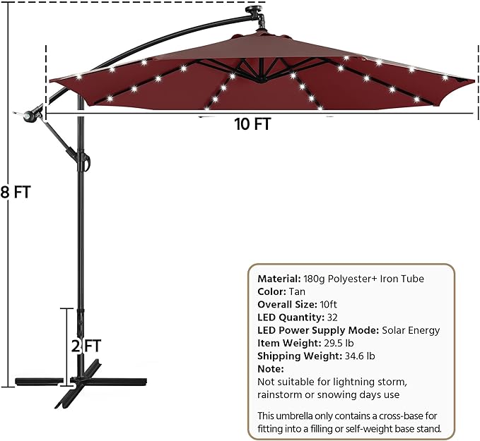 Yaheetech 10FT Solar Offset Umbrella with 32 LED Lights Cantilever Hanging Outdoor Umbrellas Handy Crank & Cross Base for Lawn/Deck/Backyard/Pool Burgundy